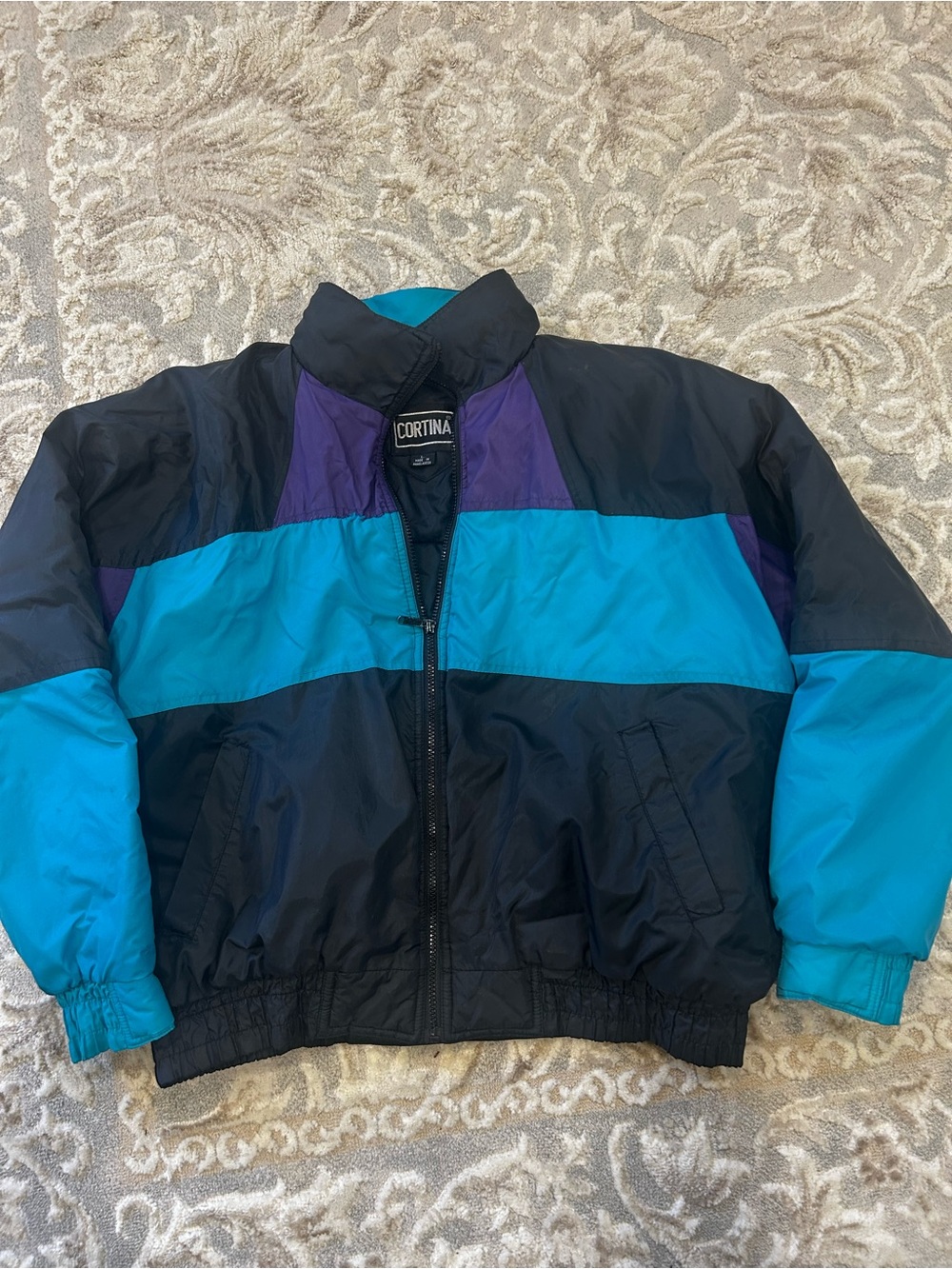 Men's Black Puffer Jacket with Teal & Purple Panels